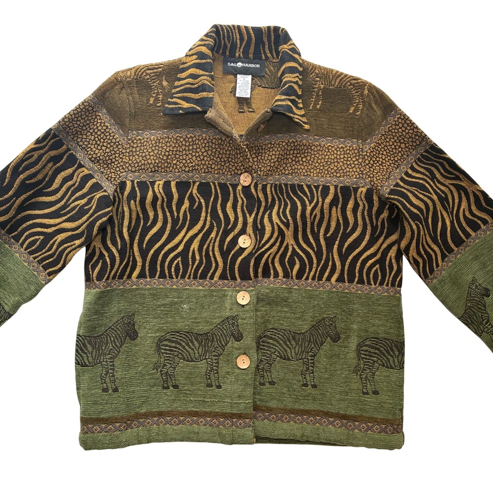 Vintage Sag Harbor Tapestry Jacket Women Small Med Animal Print Art to Wear Boho